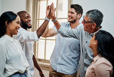 Buy stock photo Business people, group and high five in circle for meeting at startup, solidarity and success. Teamwork, men and woman with diversity, scrum and celebration for goals with cheers at creative agency