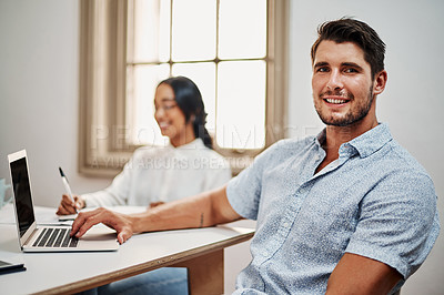 Buy stock photo Meeting, office and portrait of businessman on laptop for teamwork, collaboration and company pride. Professional, corporate and person on computer for web research, internship and work opportunity