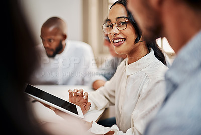 Buy stock photo Tablet, woman and project management in meeting with team for design planning, feedback and startup pitch. Diversity, business and technology with creative idea, vision and progress review in office