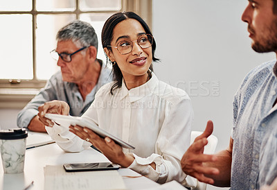 Buy stock photo Meeting, tablet and business people in office for planning, research project and company website. Collaboration, corporate and men and women on digital tech for internet, typing proposal and teamwork