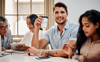 Buy stock photo Coffee, man and project management portrait in meeting with team for design planning, feedback and startup. Diversity, business and confidence in creative pitch, vision and progress review in office