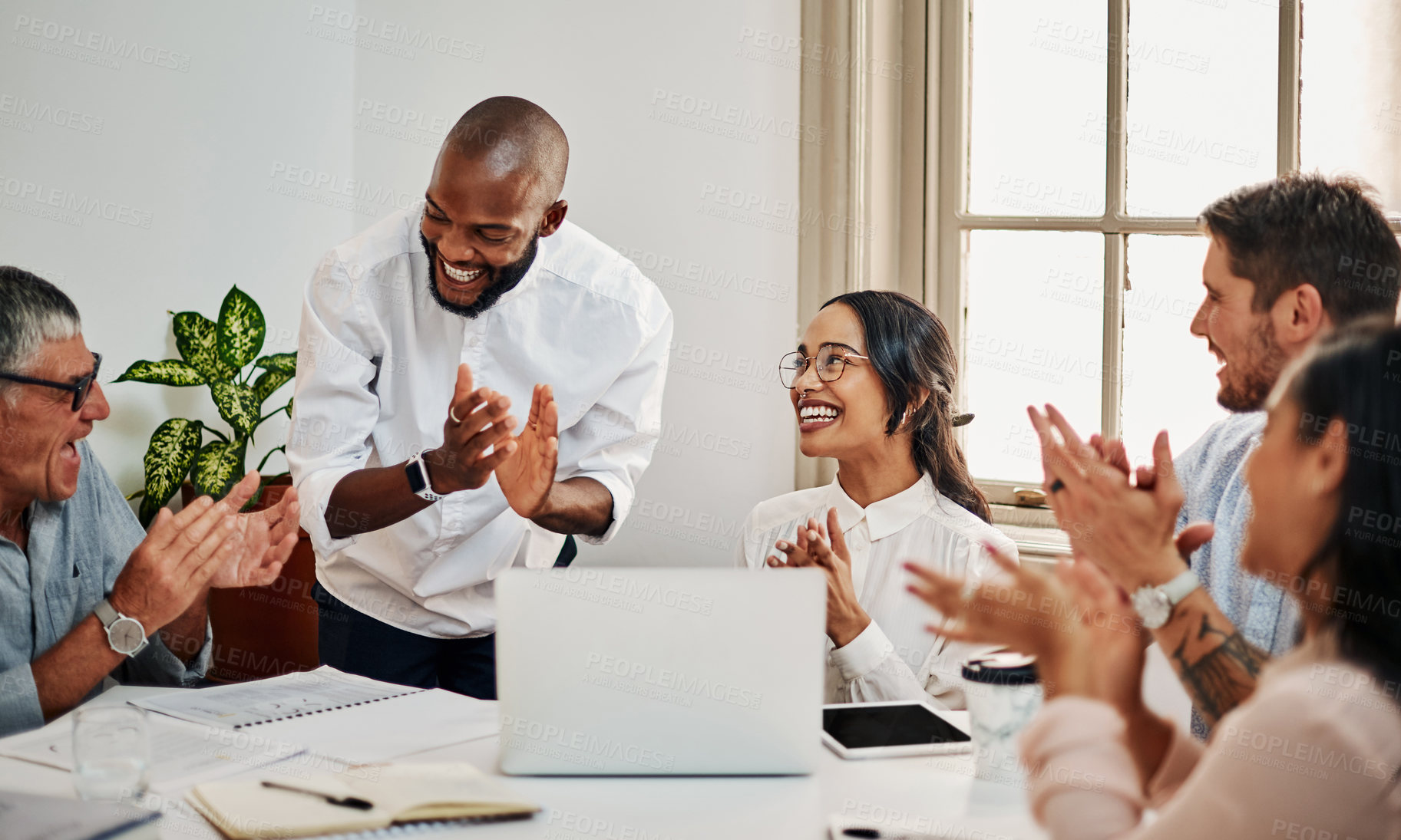 Buy stock photo Meeting, laptop or clapping for success, celebration or achievement in project management company. Smile, diversity and business people with technology for teamwork goals, progress or office applause