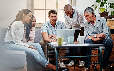 Buy stock photo Business people, diversity and meeting with laptop at office for project, communication or collaboration. Group of employees working together on computer for planning, tasks or teamwork at workplace