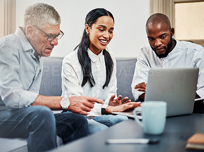 Buy stock photo Working, business people and laptop for meeting with colleagues, diversity or mentorship in office. Team, mature man and technology as web designer, employee or professional for brief or presentation