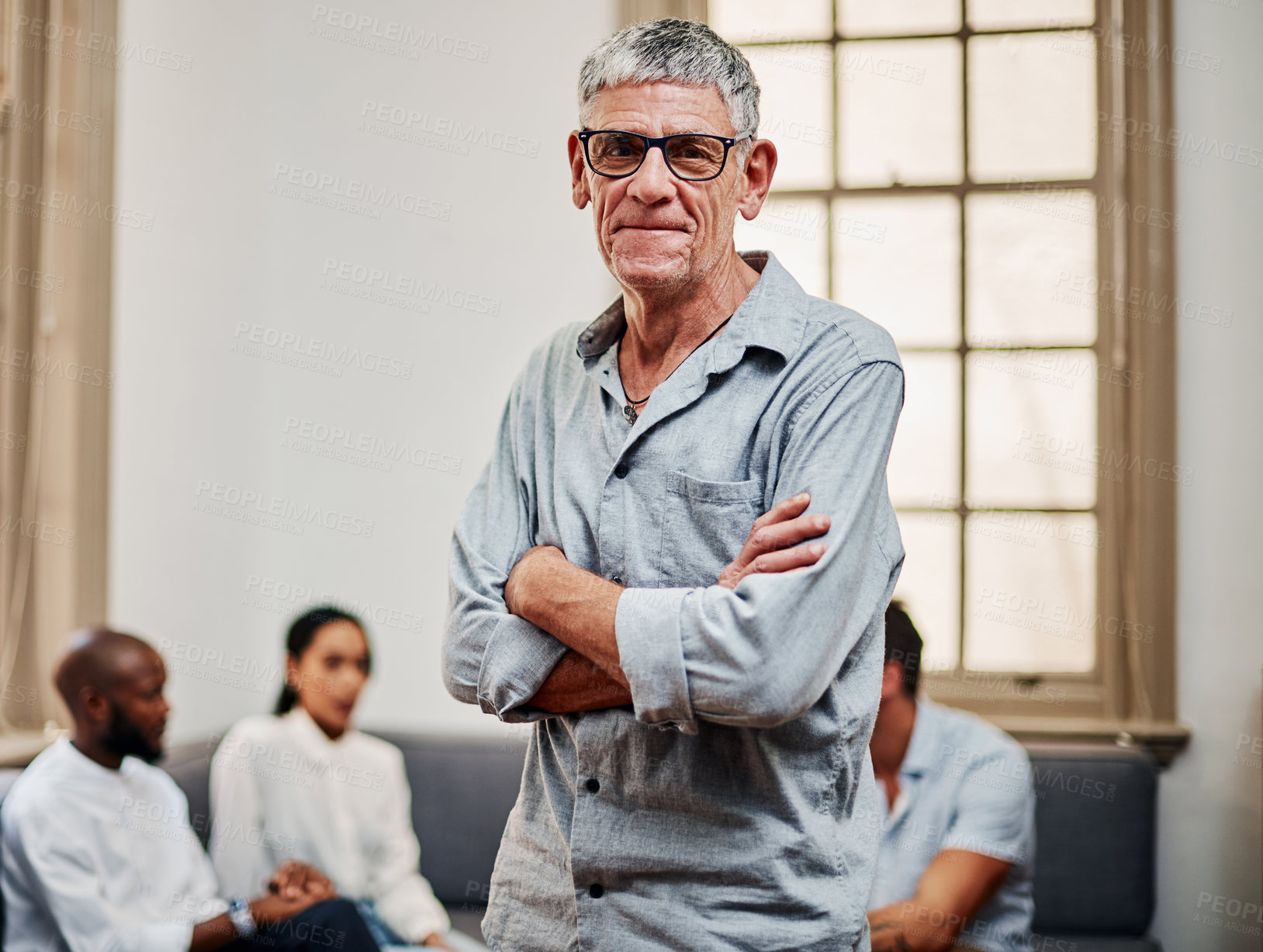 Buy stock photo Mature businessman, arms crossed and portrait for teamwork review, feedback and meeting in company office leadership. Confident manager, creative and project management ceo in designer collaboration