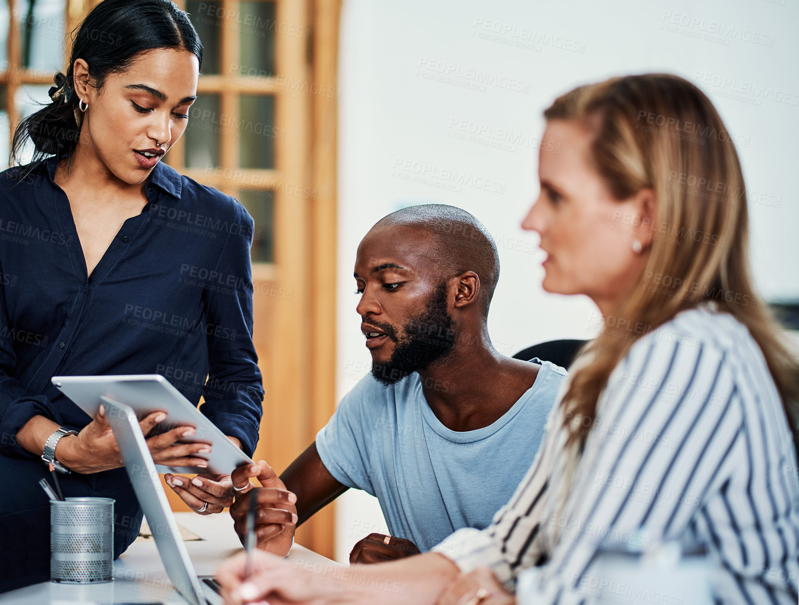 Buy stock photo Business people, tablet or ideas in meeting for social media strategy, planning or vision pitch. Talking, technology and diversity teamwork for account management, creative growth and feedback review