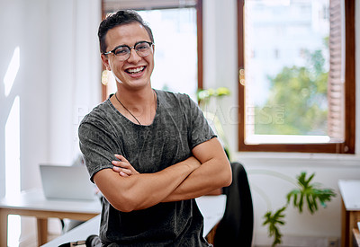 Buy stock photo Office, portrait and happy man for creative agency with arms crossed, startup and professional career. Workplace, growth and ambition of male worker for company, training and pride for business tasks