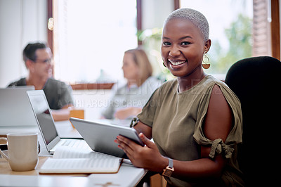 Buy stock photo Woman, tablet and portrait in office for social media, email and online for research or job. Technology, human resources or administration in workplace for career, meeting and internet or digital app