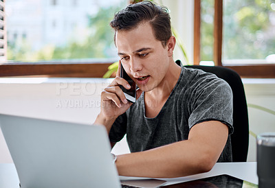 Buy stock photo Web designer, laptop and creative office with phone call, planning or discussion with idea for project. Businessman, smile and communication with smartphone, entrepreneur and company negotiation