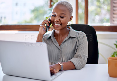 Buy stock photo Black woman, laptop and creative office with phone call, planning or discussion with idea for project. Web designer, smile and communication with smartphone, entrepreneur and company negotiation