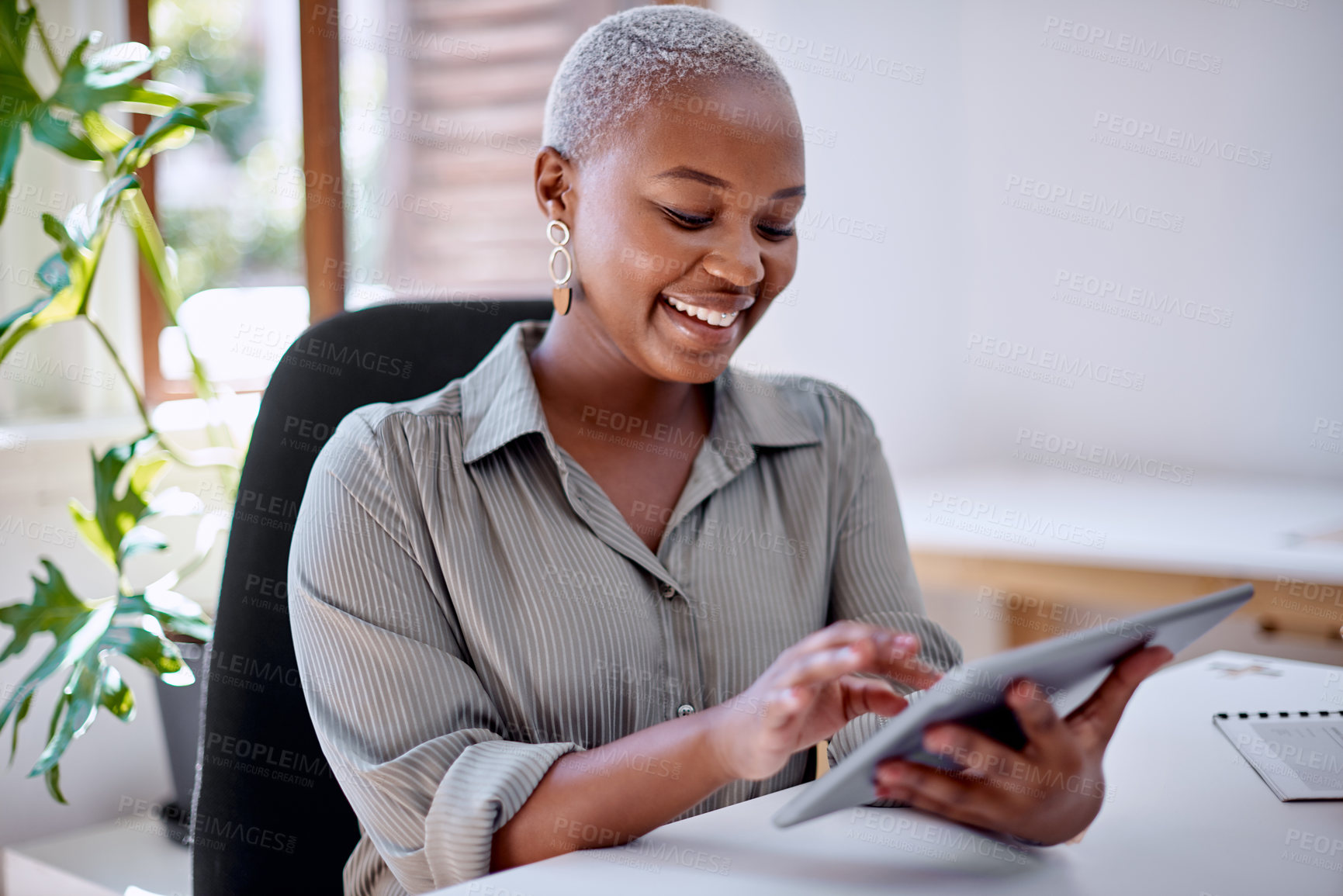 Buy stock photo Working, black woman and tablet with ideas as intern, junior and financial advisor in insurance company. Female person, serious and tech in office, building or firm as professional in business or job