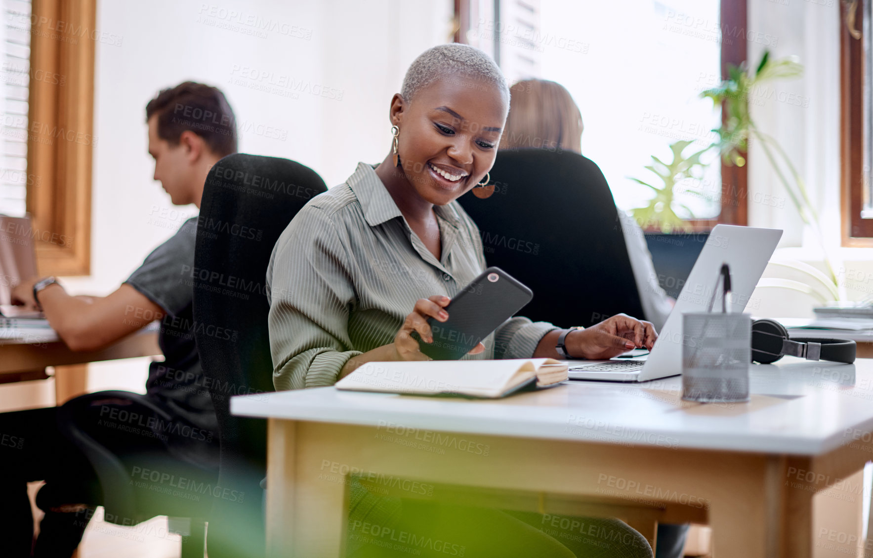 Buy stock photo Woman, smile and cellphone in office for notification, social media and online for research. Technology, human resources and happy in workplace for career, website and internet or mobile app for chat