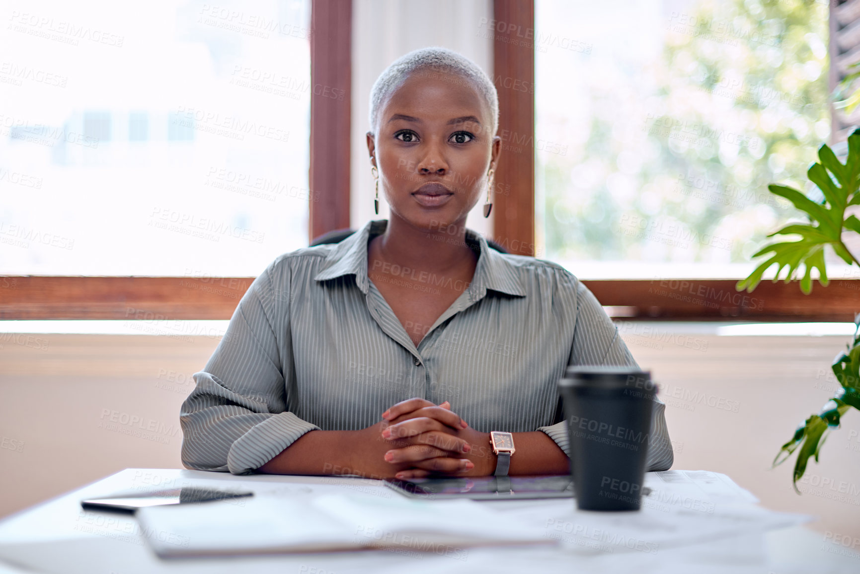 Buy stock photo Black woman, portrait and worker for serious strategy, confidence and social media manager. Female person, professional and paper for report on agency productivity, feedback and online marketing