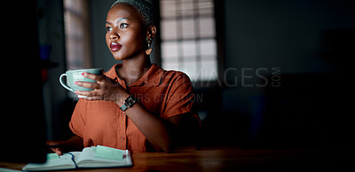 Buy stock photo Shot of a young businesswoman drinking coffee while working on a computer in an office at night