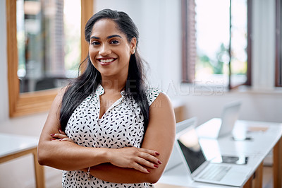 Buy stock photo Designer, woman and confident with portrait in office with joy, professional and happy for work or job. Female employee, creative director and arms crossed in workplace for pride in content creation.