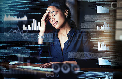Buy stock photo Shot of a programmer looking stressed out while working on a computer code at night