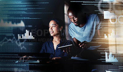 Buy stock photo IT or information technology technicians or computer programmers working, coding new user interface or UX late at night in office. Pair of colleagues or specialists analyzing technical system issues.