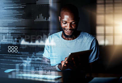 Buy stock photo Shot of a programmer using a digital tablet while working on a computer code at night