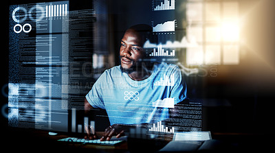 Buy stock photo Computer programmer, software developer, or engineer working on computer database with futuristic CGI graphic data at night. Male information technology coder or a IT programmer coding cyber security