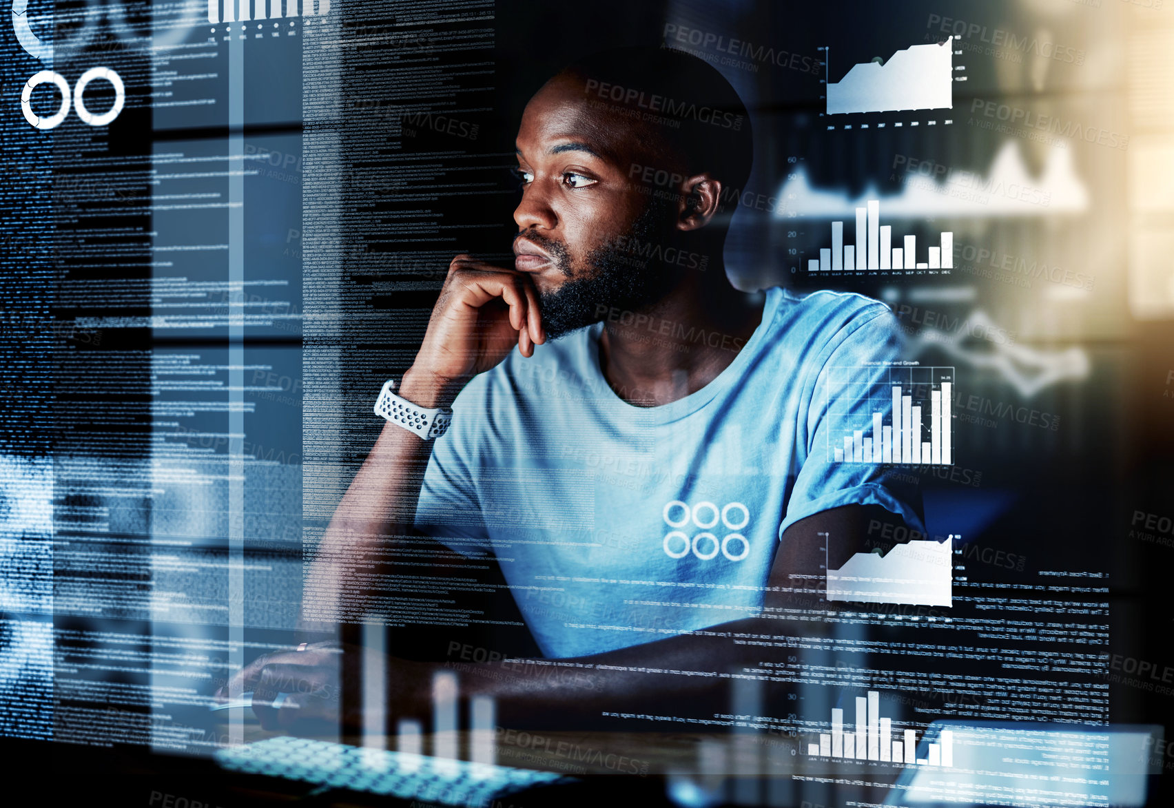 Buy stock photo Shot of a programmer working on a computer code at night