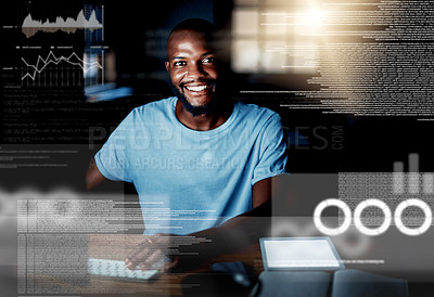 Buy stock photo Computer programming, coding and web design with a creative professional in his office with CGI, special effects and digital overlay. Portrait of a programmer developing code and language on a pc