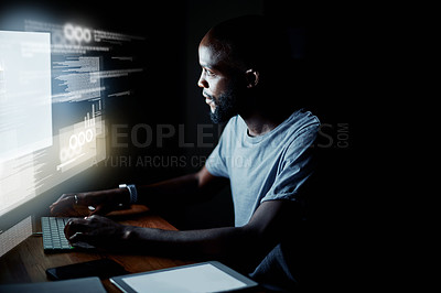 Buy stock photo Shot of a programmer working on a computer code at night