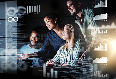 Buy stock photo Shot of a group of programmers working together on a computer code at night