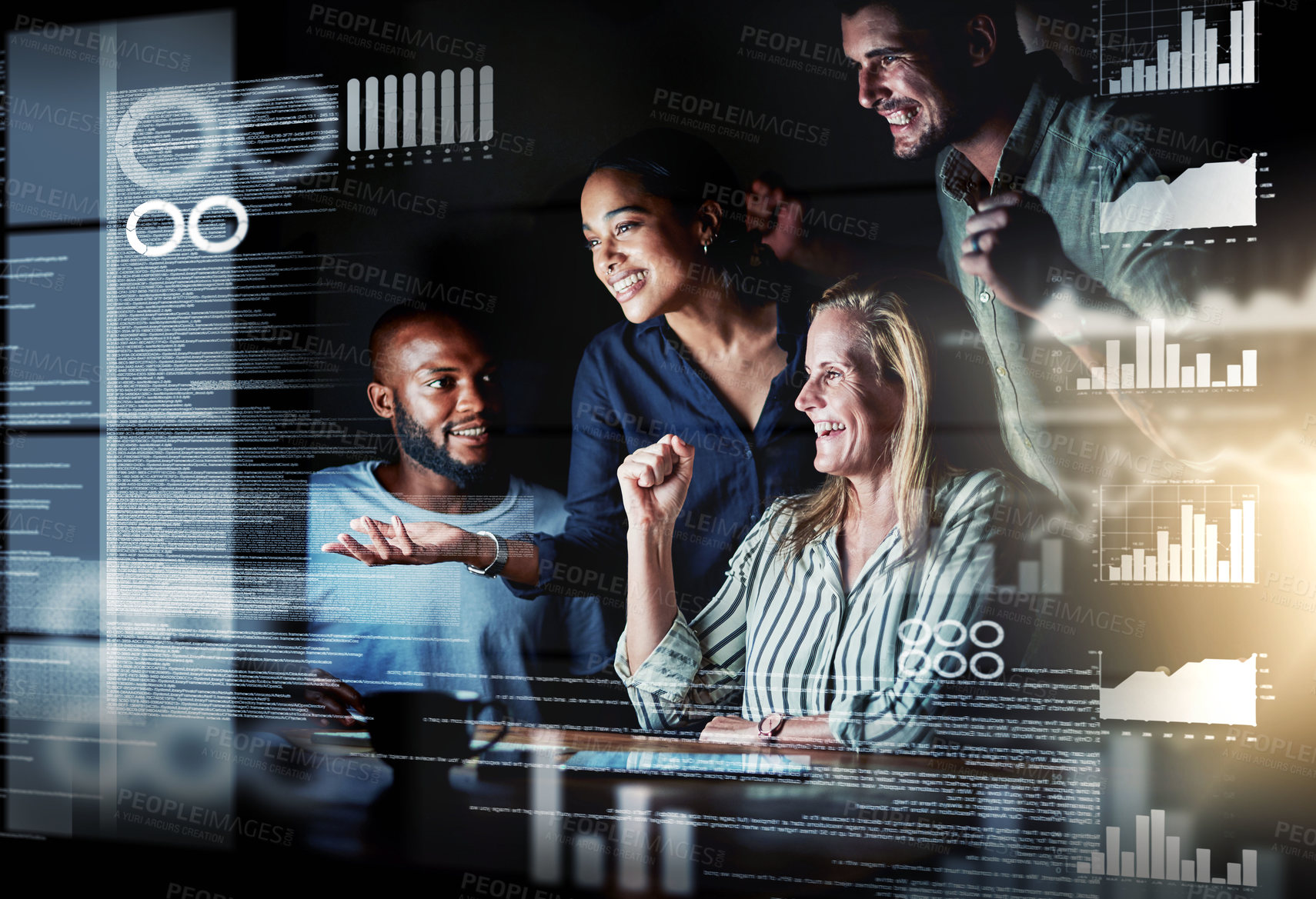 Buy stock photo Shot of a group of programmers working together on a computer code at night