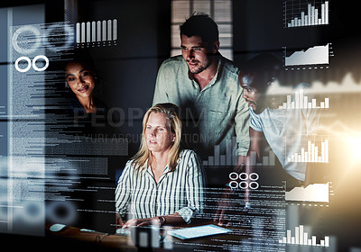 Buy stock photo Computer engineers reading code, cgi data and analyzing special effects charts while working late at night. Manager and team leader helping diverse group with web developing SEO and designing website
