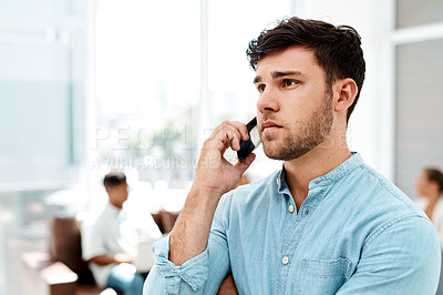 Buy stock photo Businessman, phone call and mobile in office with talk, information and communication for opportunity. Male person, tech and career as real estate agent or professional for property management agency