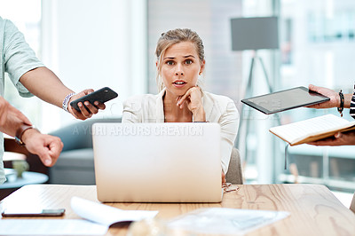 Buy stock photo Business woman, multitasking and anxiety with laptop in mental health or stress at office. Female person, overwhelmed and burnout for time management, busy and technology for fear in finance agency