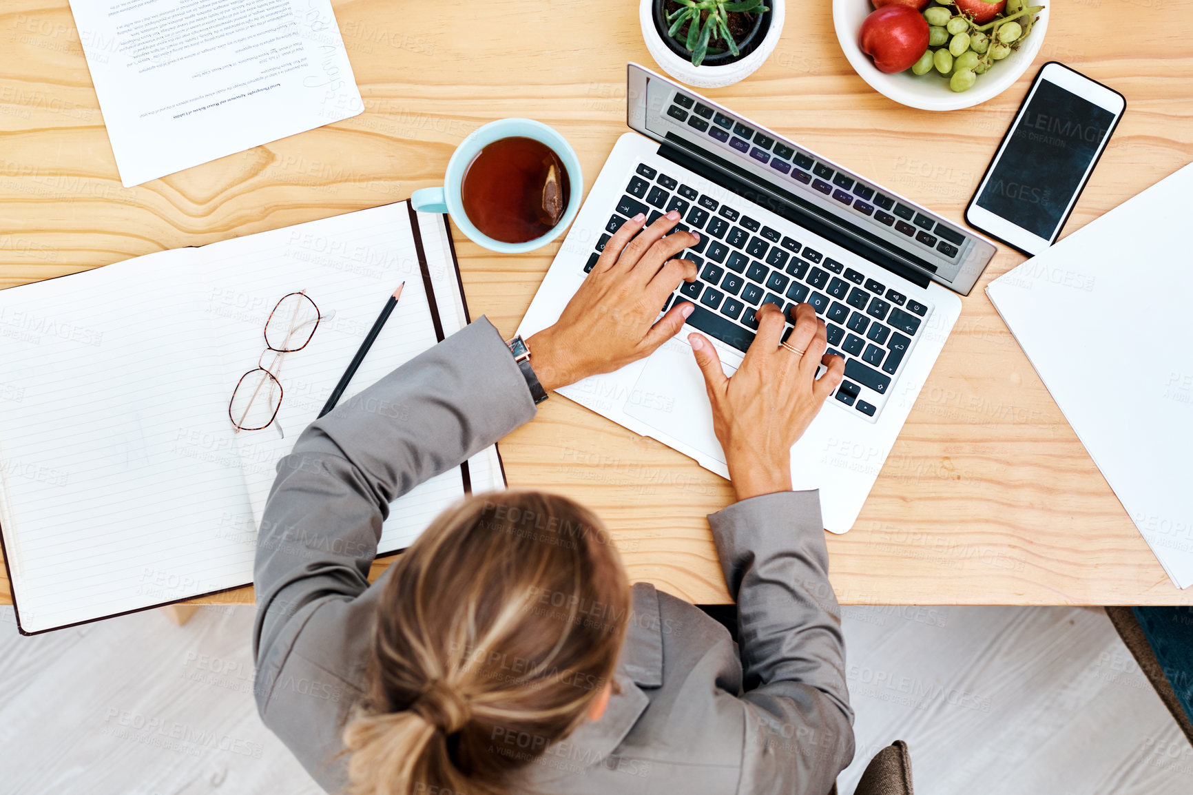 Buy stock photo Top view, woman and laptop in office for report, accountant and website for budget plan or typing. Female person, financial advisor and online consultation with client, email contact and keyboard