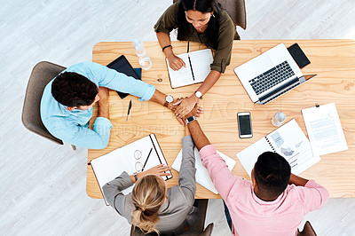 Buy stock photo Business people, above of hands together with team for meeting, motivation or collaboration at office. Top view, creative employees or colleagues piling for unity, mission or development at workplace