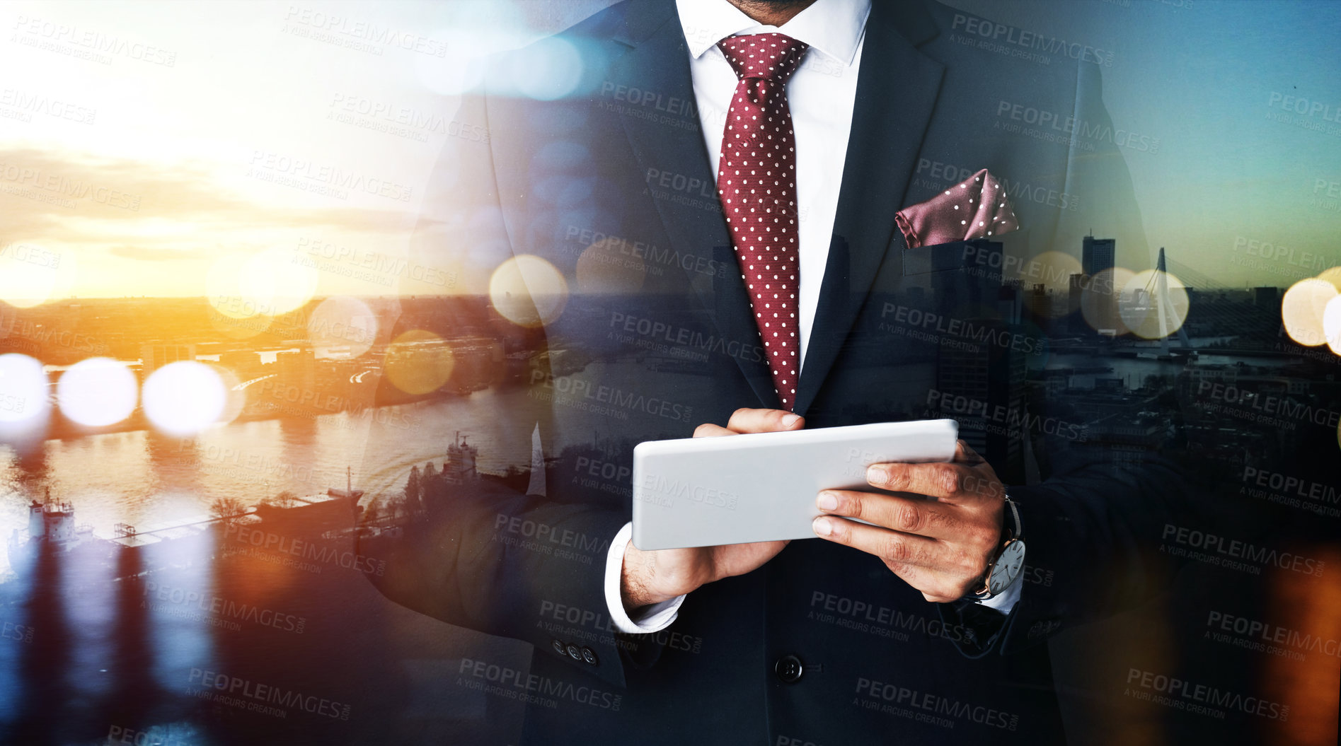 Buy stock photo Cropped shot of an unidentifiable businessman using a tablet superimposed over a cityscape