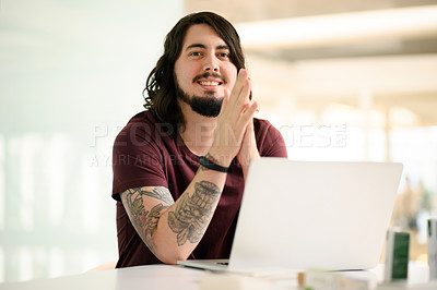 Buy stock photo Businessman, portrait and happy on laptop in office for email feedback, communication and networking. Digital designer, intern and smile for online content review and social media marketing campaign