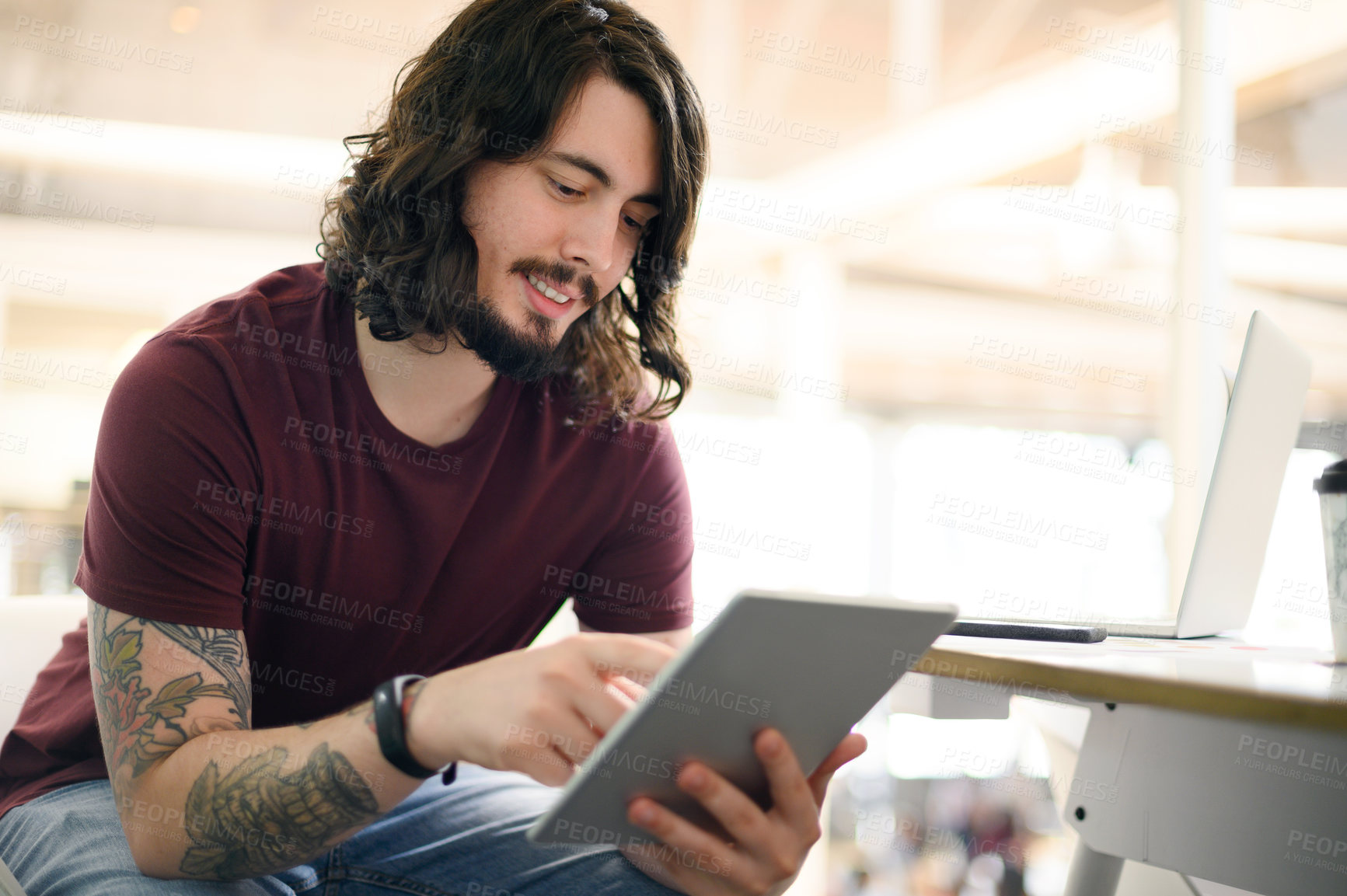 Buy stock photo Happy man, tablet or planning for web design research, ideas or vision for programming algorithm. Coder, designer or software developer thinking on technology for communication, social media or app