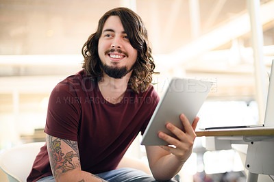 Buy stock photo Business, man and thinking with tablet in office for research ideas, problem solving and proposal solution. Designer, intern and happy with technology for digital design inspiration and planning