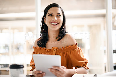 Buy stock photo Business, woman and thinking with tablet in office for research ideas, problem solving and proposal solution. Designer, intern and happy with technology for digital design inspiration and planning