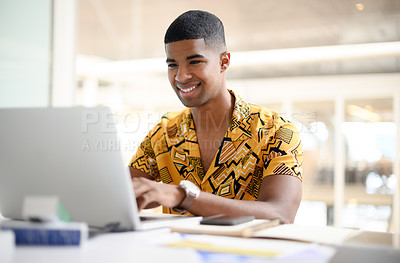 Buy stock photo Businessman, happy and typing on laptop in office for email feedback, communication and networking. Digital designer, intern and learning for online content review and social media marketing campaign