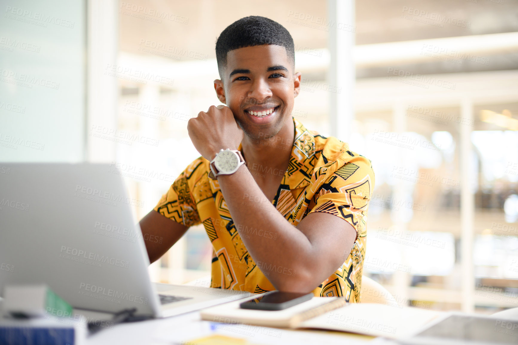 Buy stock photo Business, man and portrait on laptop at desk for email feedback, communication and networking. Digital designer, intern and happy in office for creative internship and social media marketing campaign