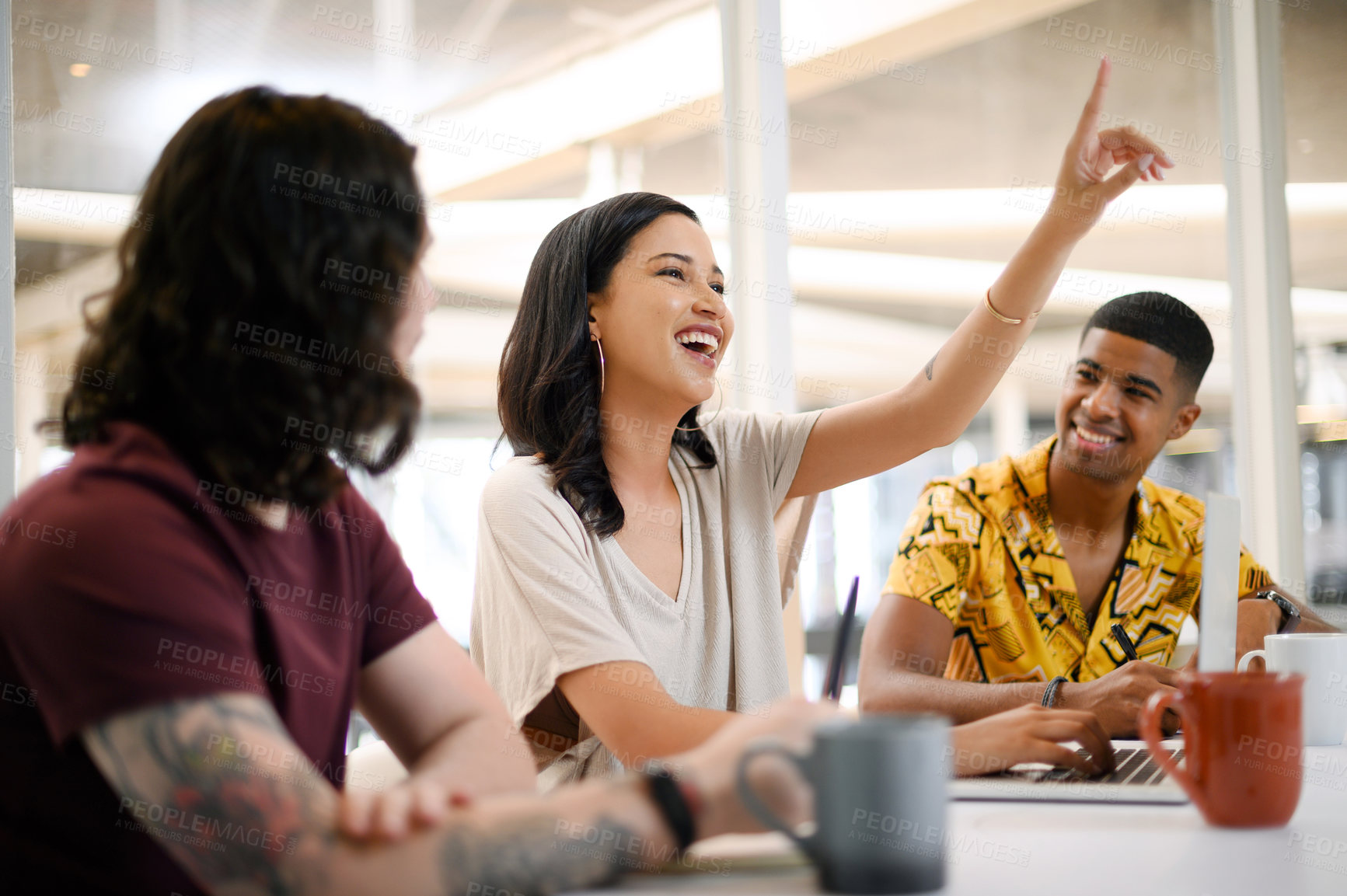 Buy stock photo Shot of a young businesswoman raising her hand during a presentation in an office