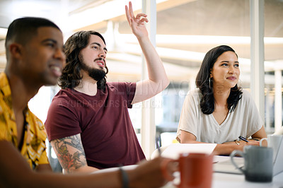 Buy stock photo Office, business people and meeting with hand for questions, clarity and participation for feedback. Boardroom, employees or man to gather info with listening, opinion or startup workshop in training