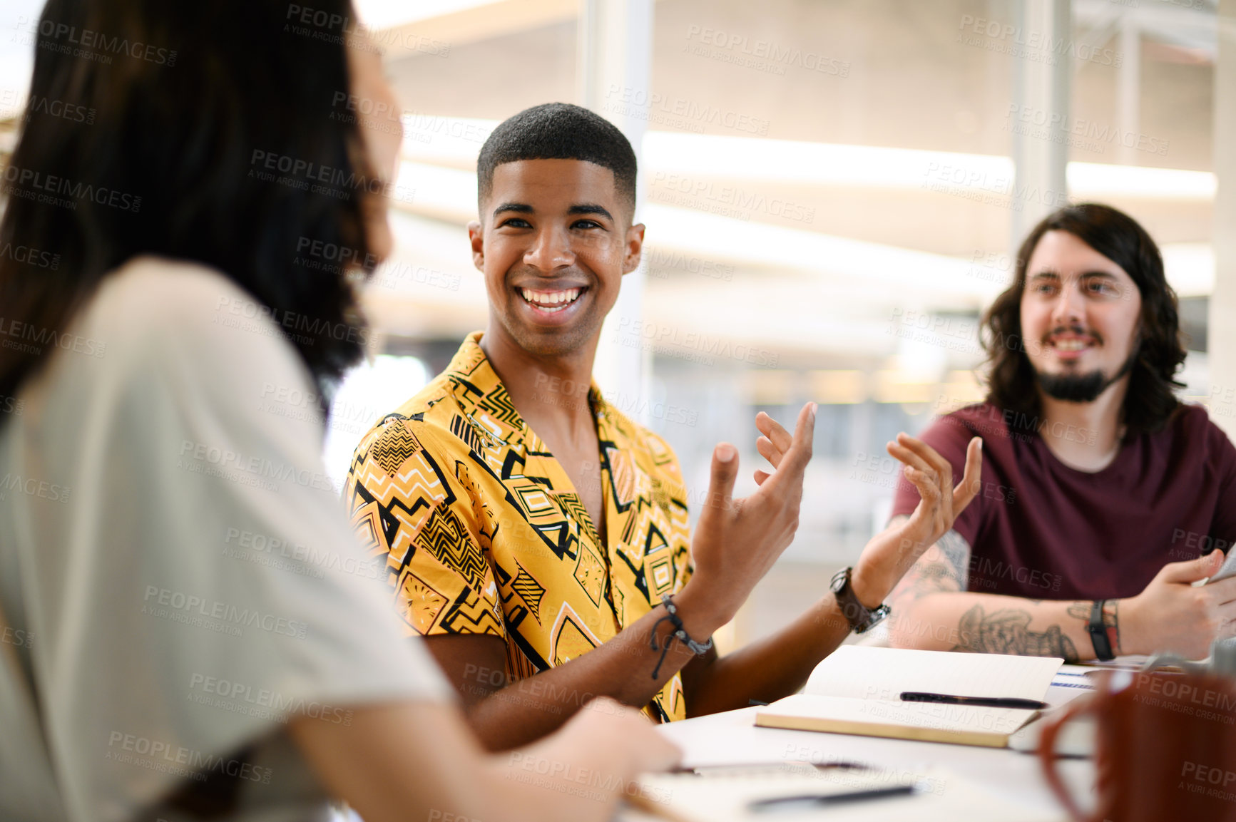 Buy stock photo Collaboration, conversation or team director planning project with smile, discussion and ideas. Teamwork, diversity and happy business people for creative, working for presentation in meeting