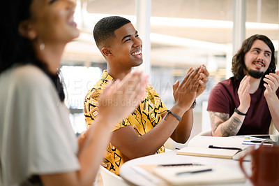 Buy stock photo Happy, business people and applause with meeting for winning, promotion or congratulations at office. Group of employees clapping with smile for presentation, well done or thank you at workplace