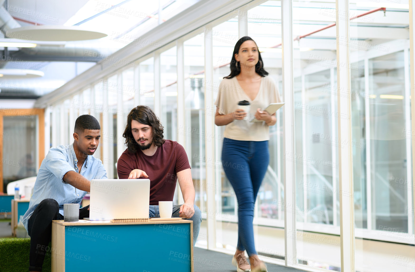 Buy stock photo Talking, business people and laptop with team in office, planning and online research for startup. Collaboration, employees and digital with tech for information, discuss and prepare for presentation