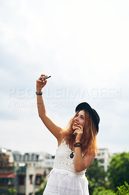 Buy stock photo Travel, selfie and woman in city with smile, fun memory and outdoor adventure on summer holiday. Digital photography, tourism and happy influencer girl on urban vacation with social media live stream