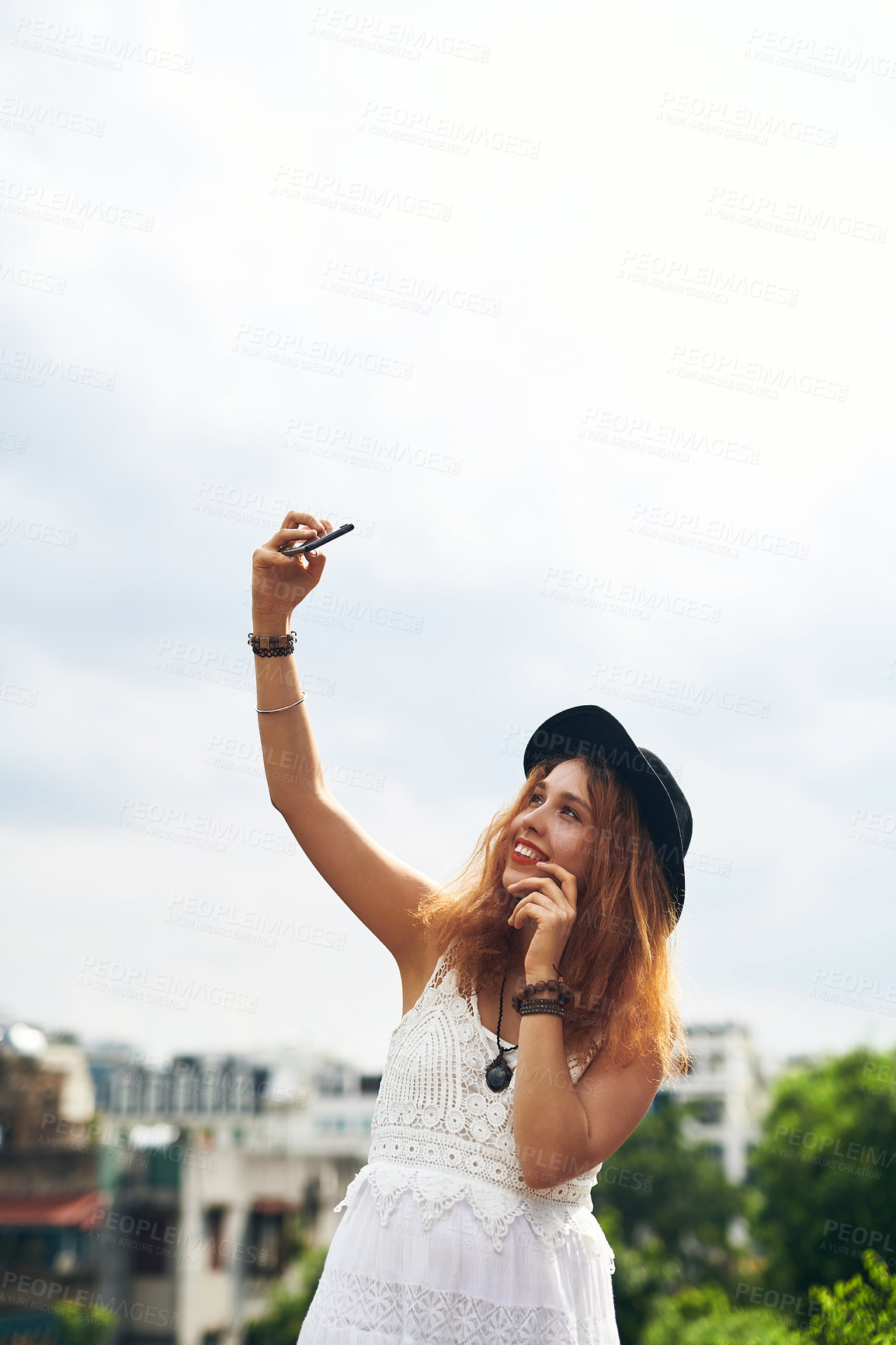 Buy stock photo Travel, selfie and woman in city with smile, fun memory and outdoor adventure on summer holiday. Digital photography, tourism and happy influencer girl on urban vacation with social media live stream