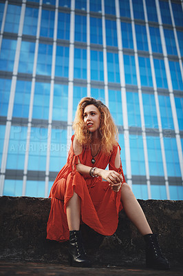 Buy stock photo Relax, building and woman with urban fashion, confidence and positive attitude on outdoor travel. Weekend, aesthetic and gen z girl with unique style, identity and cool morning adventure in city