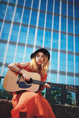 Buy stock photo Music, city and portrait of woman with guitar for street performance, playing tune and practice songs. Musician, artist and person with musical instrument for sound, hobby and entertainment in town