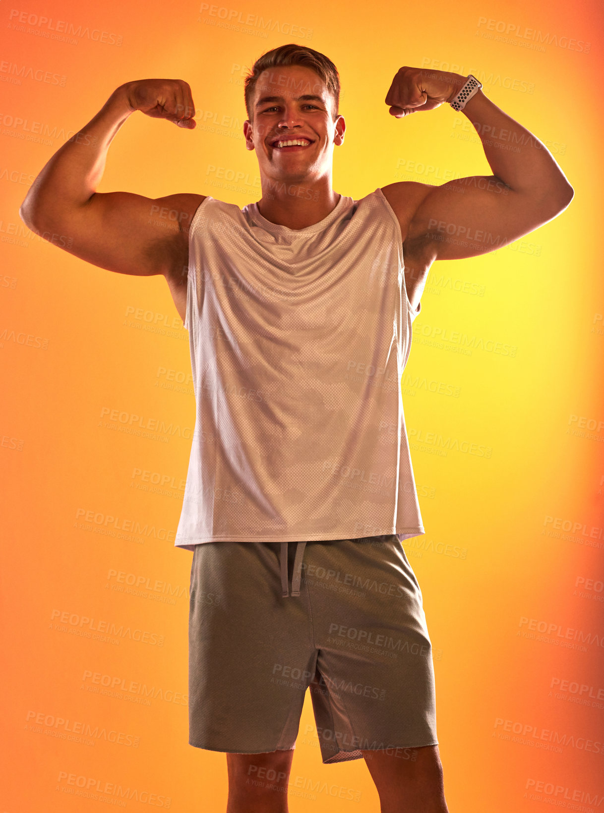 Buy stock photo Man, happy and flex muscle in studio portrait with fitness, pride and arms with growth by background. Person, model and bodybuilder with smile, biceps and show progress with transformation in Germany